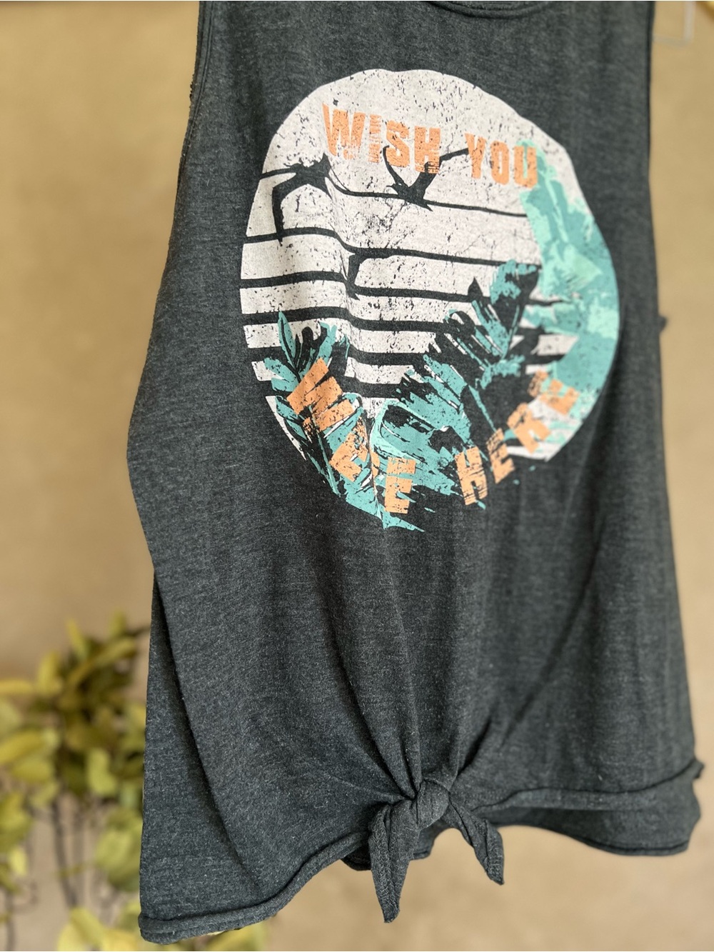 Wish You Were Here Graphic Tie-Front Tank Top Heathered Dark Grey - Picture 2 of 6